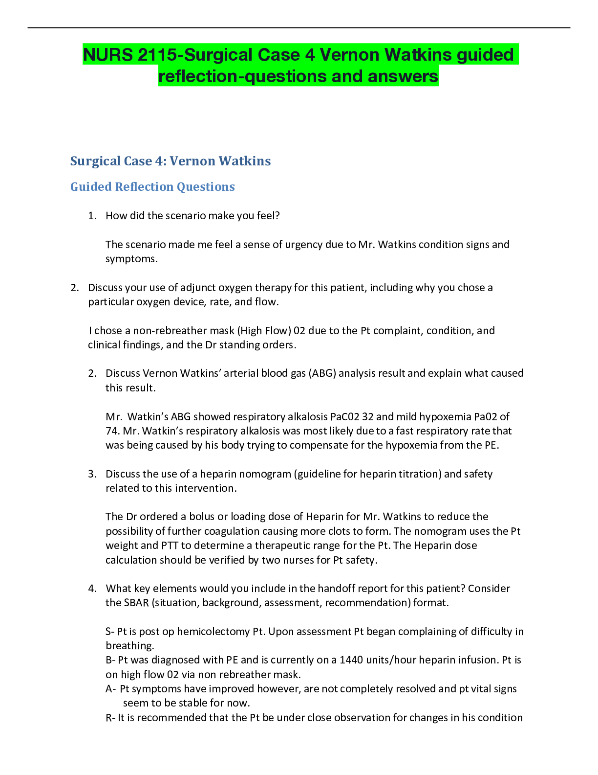 Preview of NURS 2115-Surgical Case 4 Vernon Watkins guided reflection-questions and answers